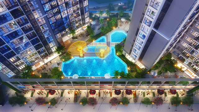 Bể bơi cỡ lớn với thiết kế hiện đại là điểm nhấn về cảnh quan và tiện ích của dự án.