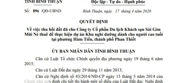 Bình Thuận quyết định thu hồi dự án