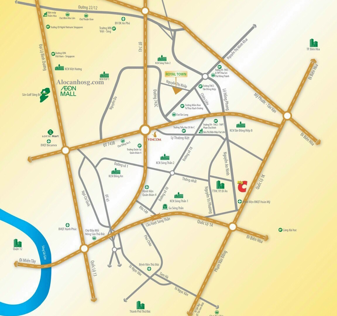 vị trí khu nhà ở Royal Town Bến Cát